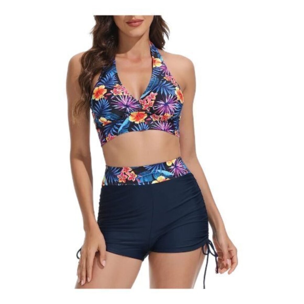 Black Tropical Sexy Halter Ruched HIgh Waist Bottom Shorts Size Large NWT #1374